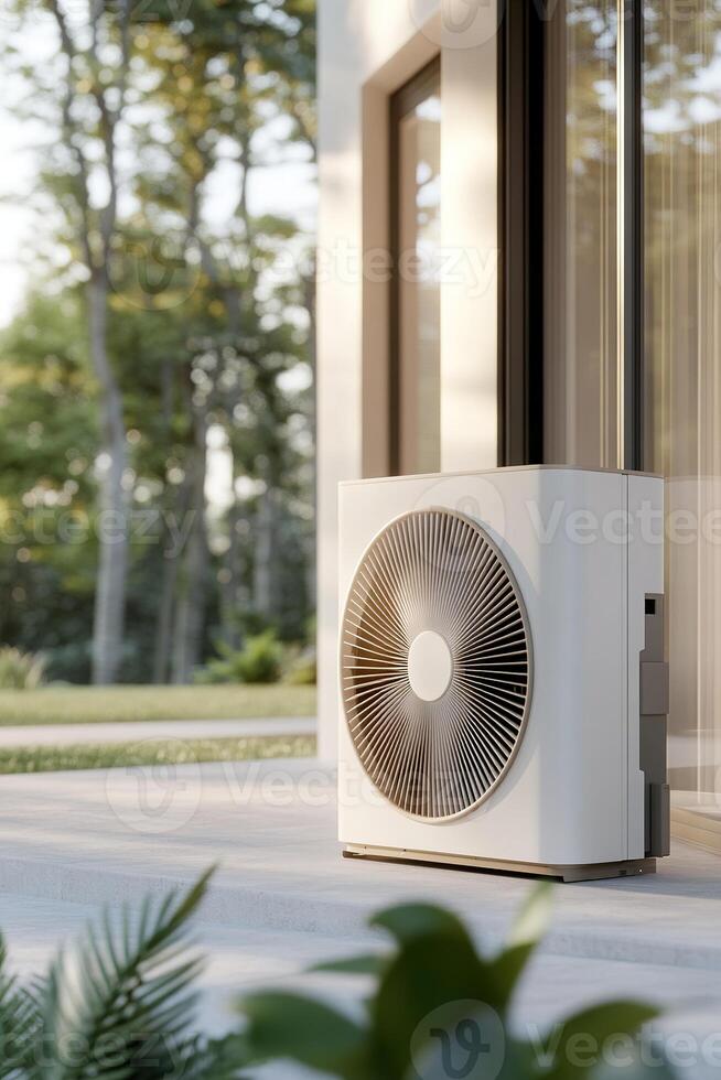 This heat pump unit is efficiently placed outside a contemporary home featuring large windows, accented by clean landscaping under soft daylight, offering ample space for text overlay photo