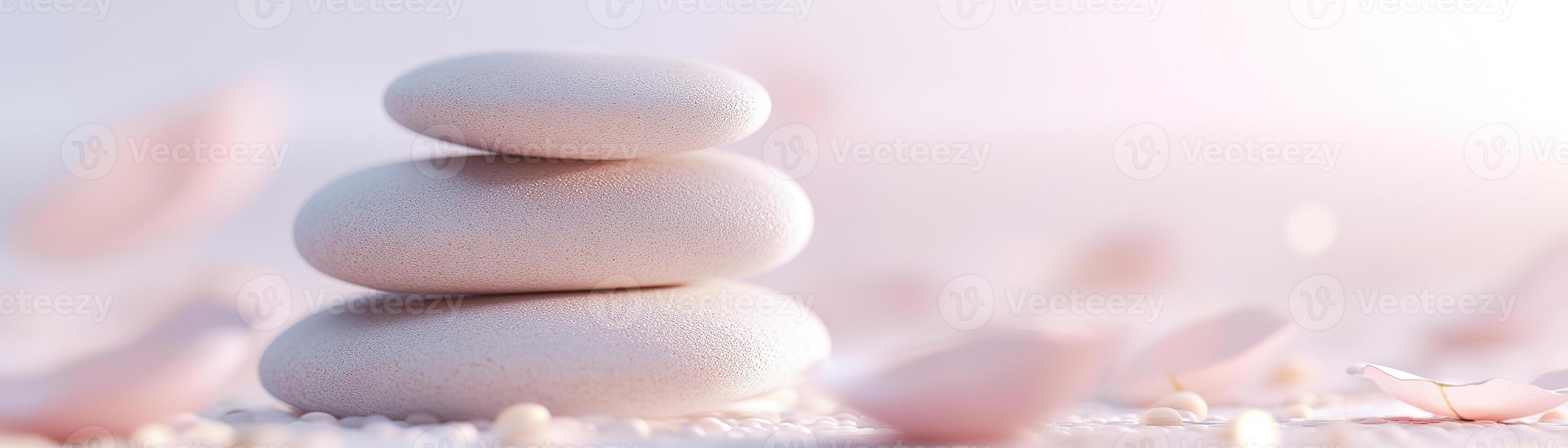A stack of smooth stones rests on soft floral petals, all against a light pastel gradient background that radiates tranquility and luxury, leaving room for text overlay photo