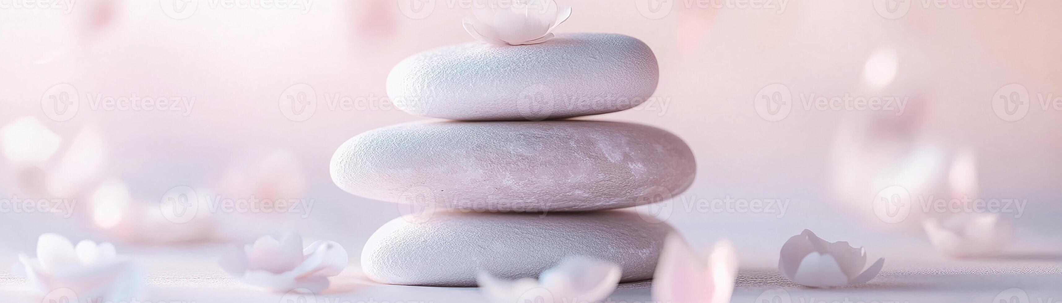 A harmonious arrangement of smooth stones topped with glowing edges sits gracefully among soft floral petals photo