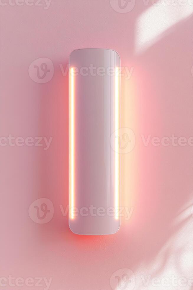 Wall-mounted infrared heater features a modern design, emitting a warm red-orange glow against a neutral backdrop. This setup offers ample space for branding and text overlay photo