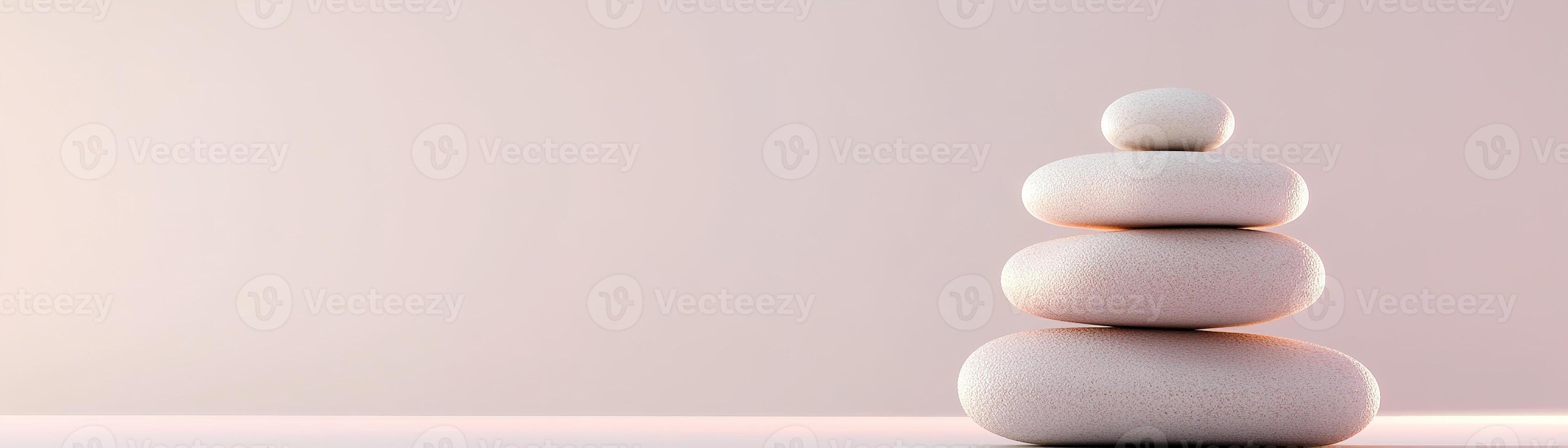 A stack of smooth stones in neutral tones stands elegantly, symbolizing balance and mindfulness, softly lit to enhance its tranquil atmosphere against a clean gradient backdrop photo