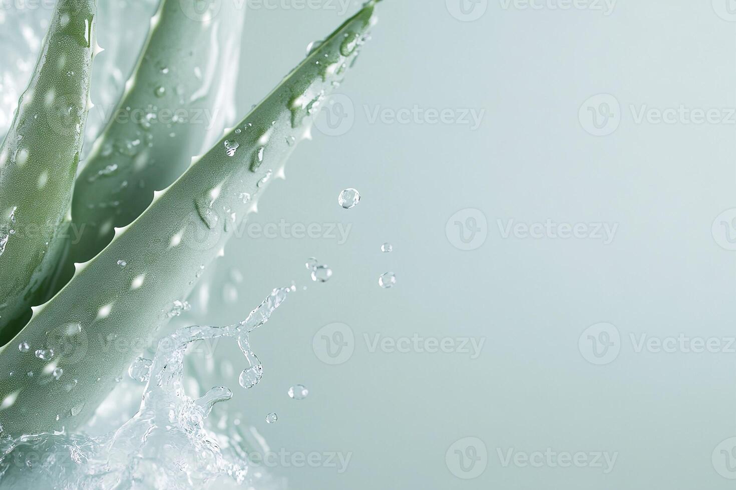 Aloe vera leaves are beautifully arranged and enhanced by a swirling water splash, all set against a soft gradient background with bright reflections, creating a fresh and vibrant feel photo