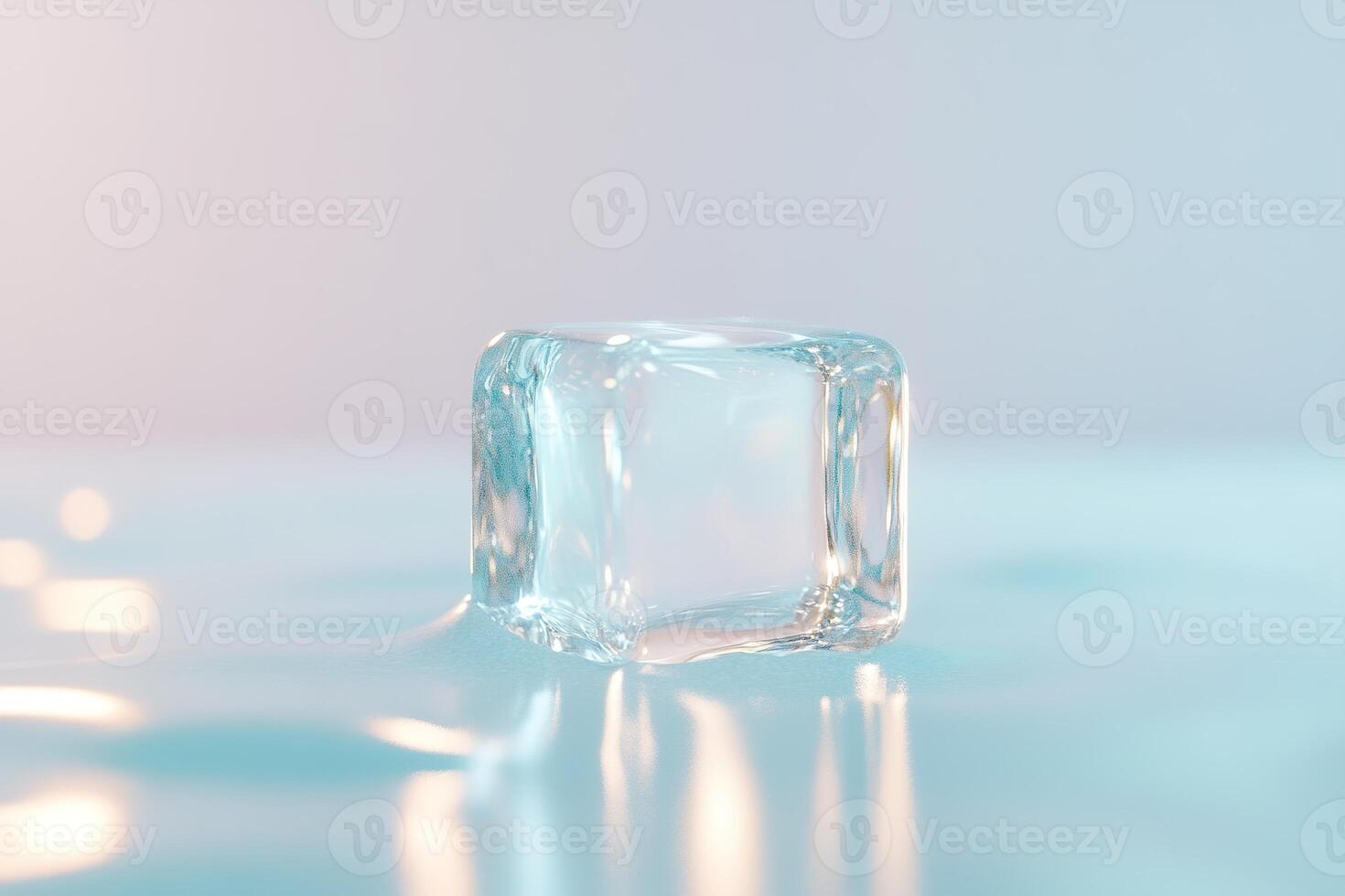 A glowing ice cube is slowly melting into a tranquil pool of soft blue water. The clean background enhances the calming effect, symbolizing the release of stress and serenity photo