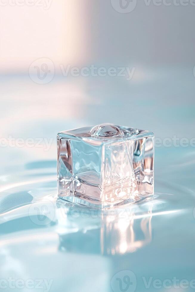 A glowing ice cube slowly melts into a tranquil pool of soft blue water. The clean background enhances the feeling of stress dissolving, creating a peaceful atmosphere photo