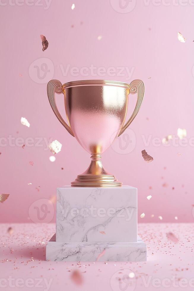 A prestigious golden trophy with subtle pink highlights sits elegantly on a marble podium. Glowing particles float around it, conveying a celebratory atmosphere against a pastel pink backdrop photo