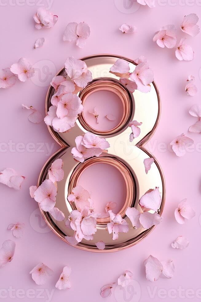 Metallic gold number 8 is elegantly placed among soft pink flower petals on a gentle pastel pink background, creating a graceful and striking visual effect. Perfect for celebrations and more photo