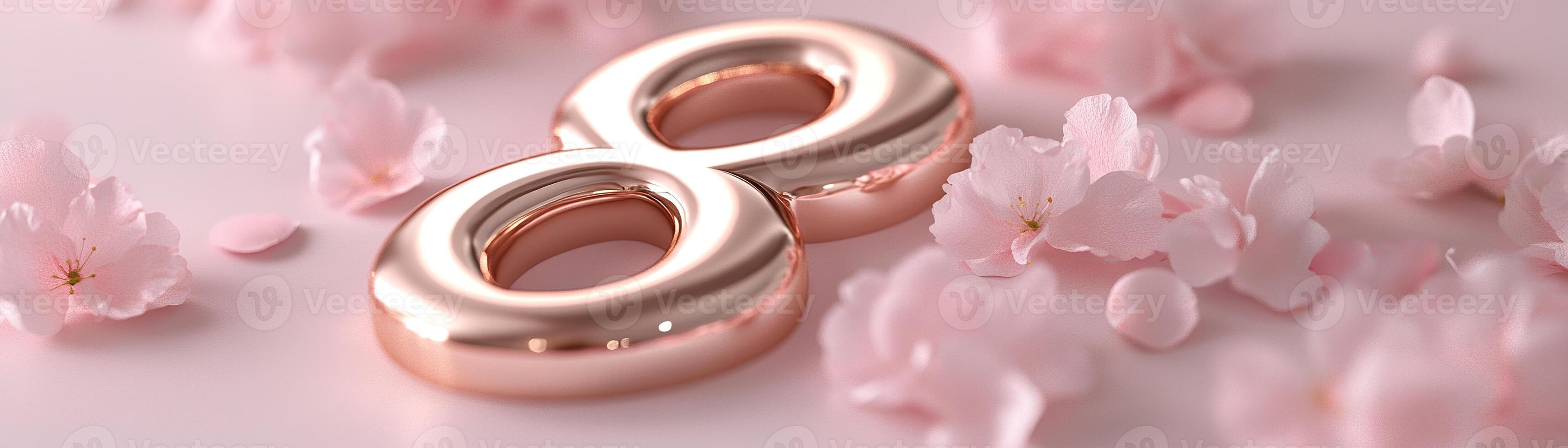 Metallic gold number 8 sits gracefully among soft pink flower petals on a pastel pink backdrop, creating a sophisticated and memorable display perfect for celebrations photo