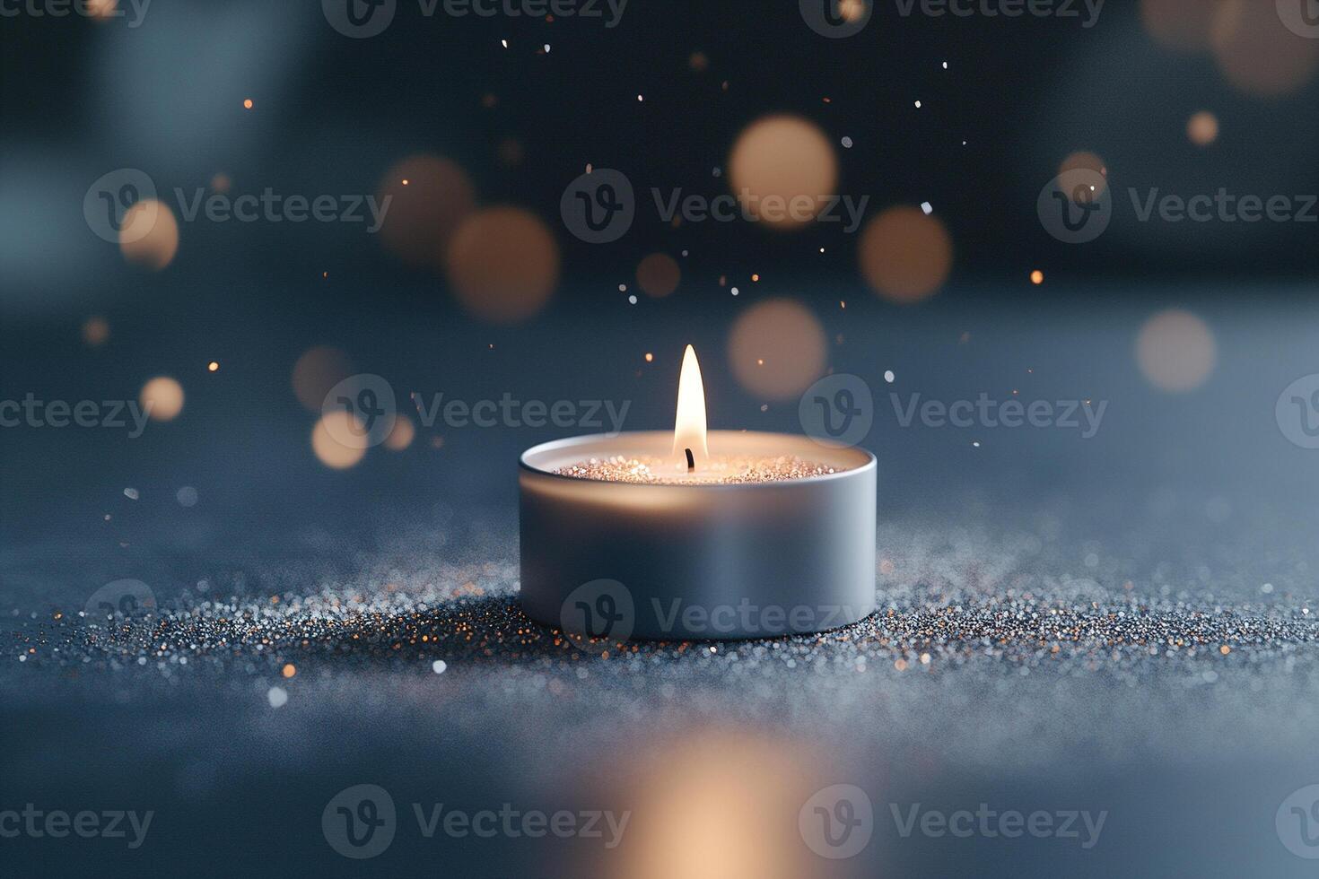 A candle with a gentle flame stands alone against a dark background, surrounded by soft, glowing particles that enhance the tranquil atmosphere. This composition invites calm and reflection photo