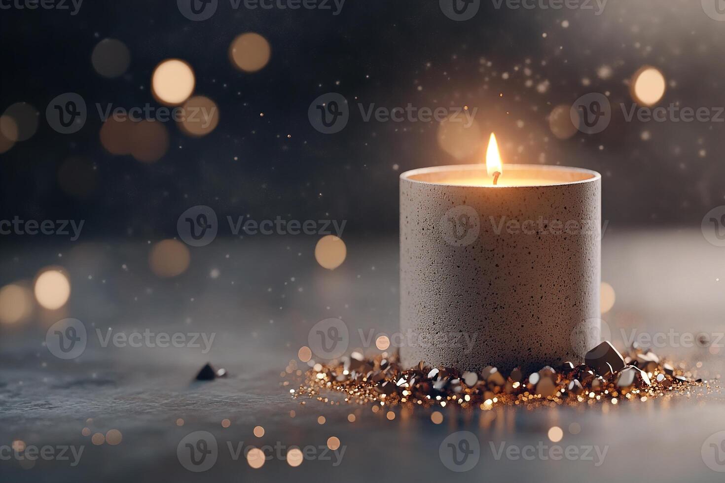 A single glowing candle with a gentle flame illuminates a dark background, creating a peaceful ambiance with soft glowing particles. Perfect for branding or text overlay photo