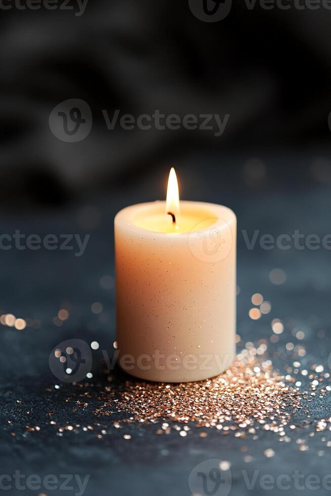 A glowing candle with a subtle flame stands alone against a dark backdrop. Soft, glowing particles surround it, creating a calm ambiance, ideal for text overlays and branding opportunities photo