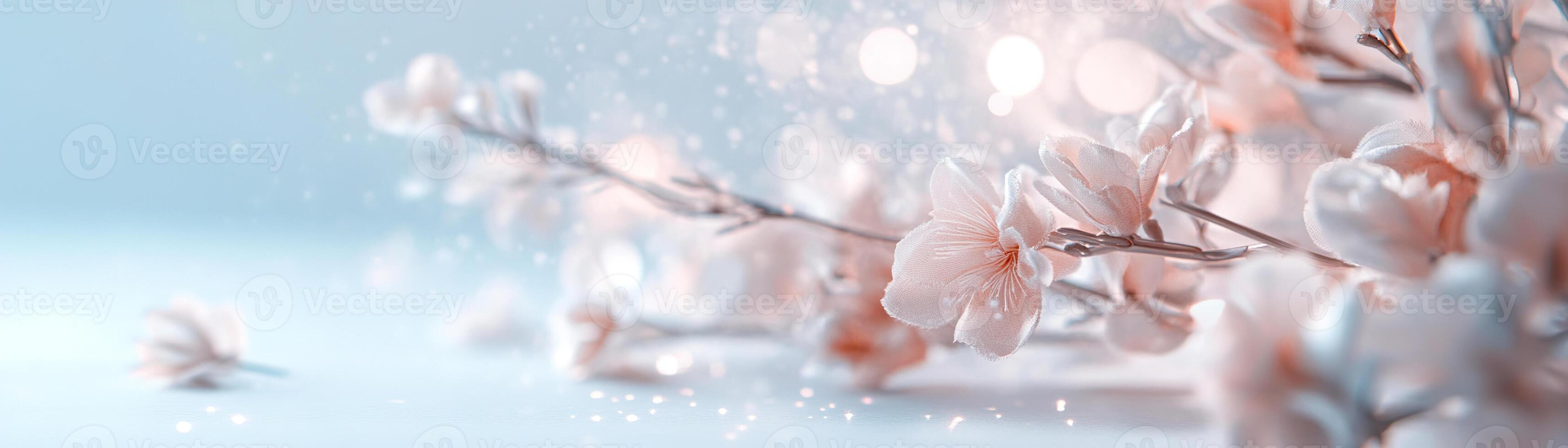Delicate pink cherry blossom flowers bloom on thin branches, creating a serene atmosphere with a light blue backdrop and soft glowing effects, perfect for an elegant touch photo