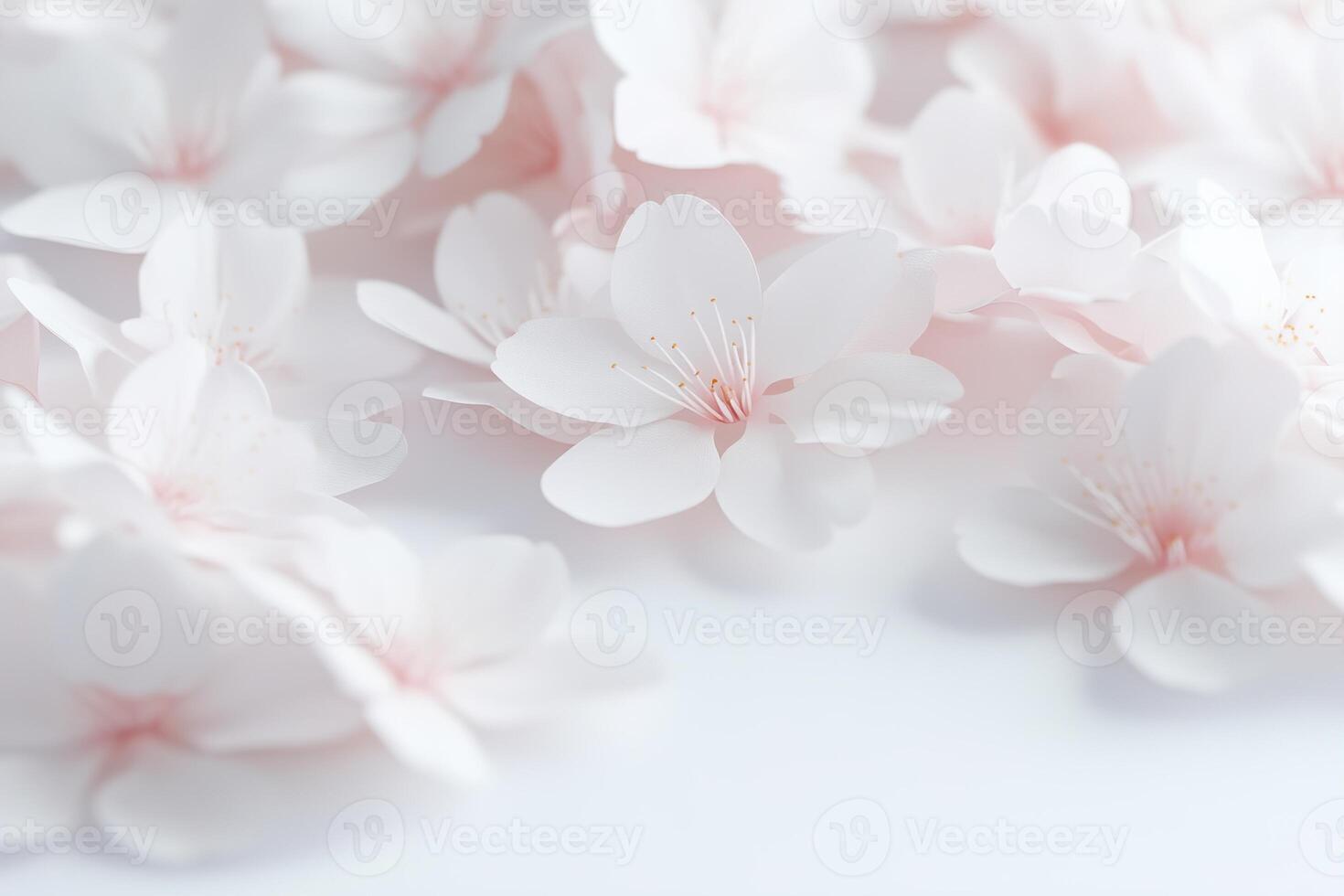 Delicate cherry blossom petals softly scattered on a smooth white surface create an elegant and serene backdrop, ideal for product display or inspirational text photo