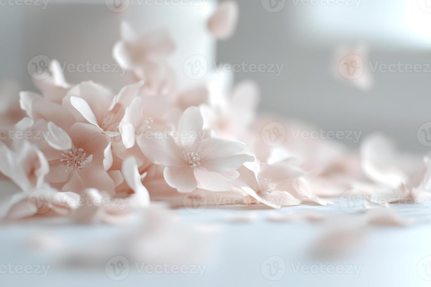 Soft cherry blossom petals are artfully scattered across a smooth white surface, creating an elegant display area in the center for text or product presentation, enhancing beauty and tranquility photo