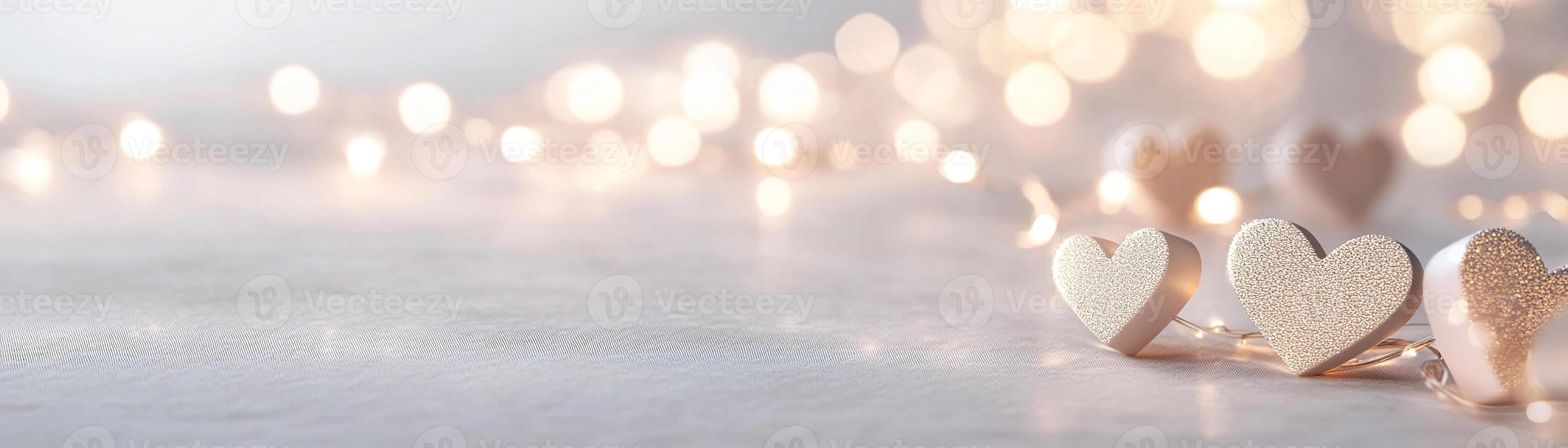 Softly illuminated pathway with golden lights and heart-shaped symbols creates a calming atmosphere on a gentle gradient background, perfect for conveying emotions of love and warmth photo