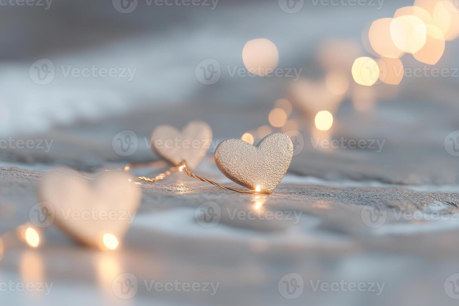 A smooth path lit by golden lights and heart shapes on a neutral gradient, perfect for romantic or festive events, offers plenty of space for text photo