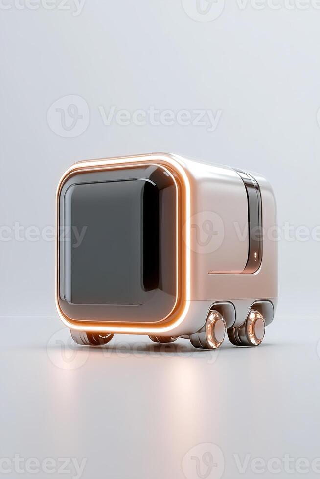 This autonomous delivery robot moves seamlessly through a modern urban environment, showcasing its sleek metallic profile and integrated glowing sensors. It illustrates cutting-edge functionality photo
