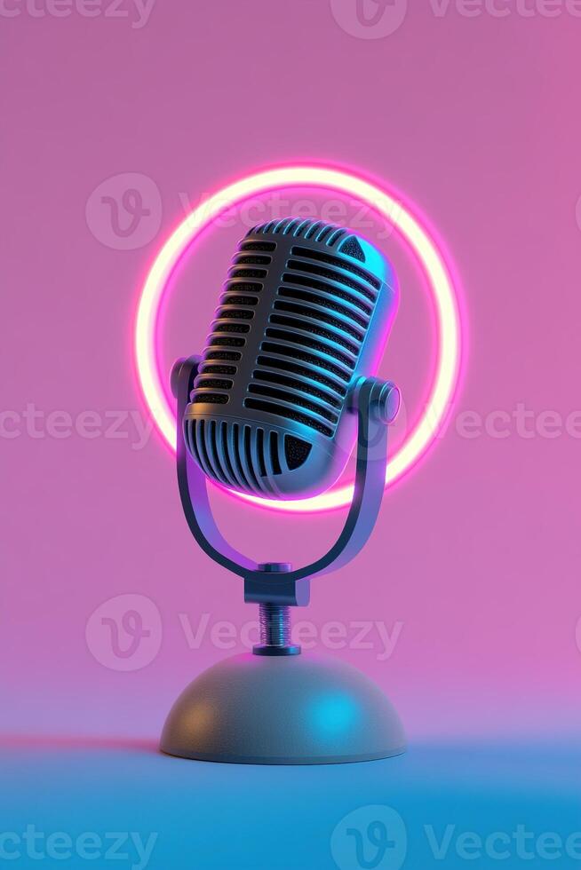 Stylish microphone features glowing blue and purple neon rings, positioned on a dark gradient background. The design offers ample negative space suitable for branding or text overlay photo