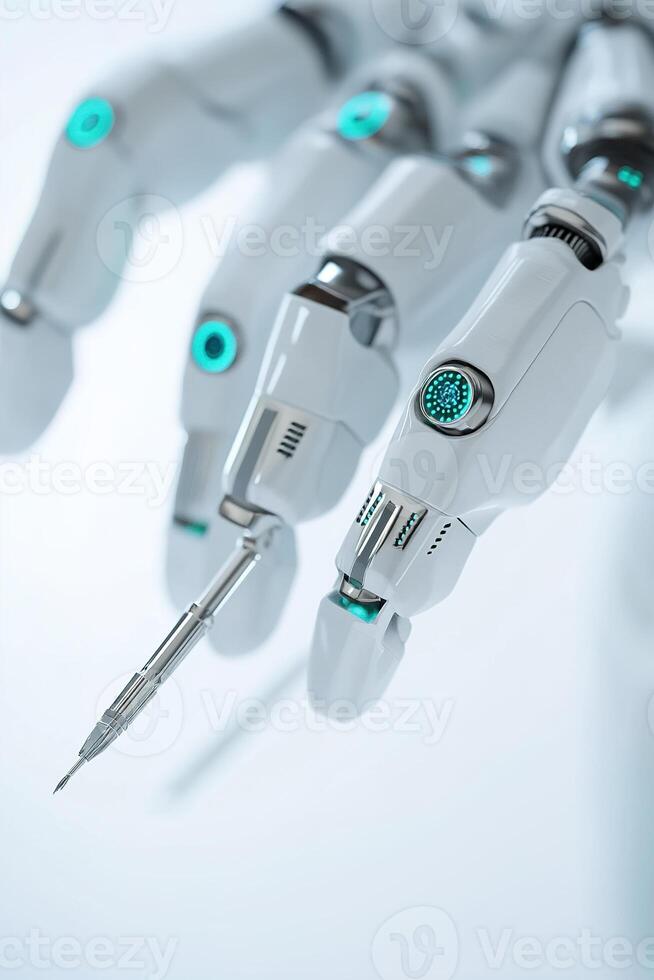 Advanced surgical robotic arm holds precision instruments while glowing green and blue lights enhance the sterile white background. The setting offers ample space for branding or text photo
