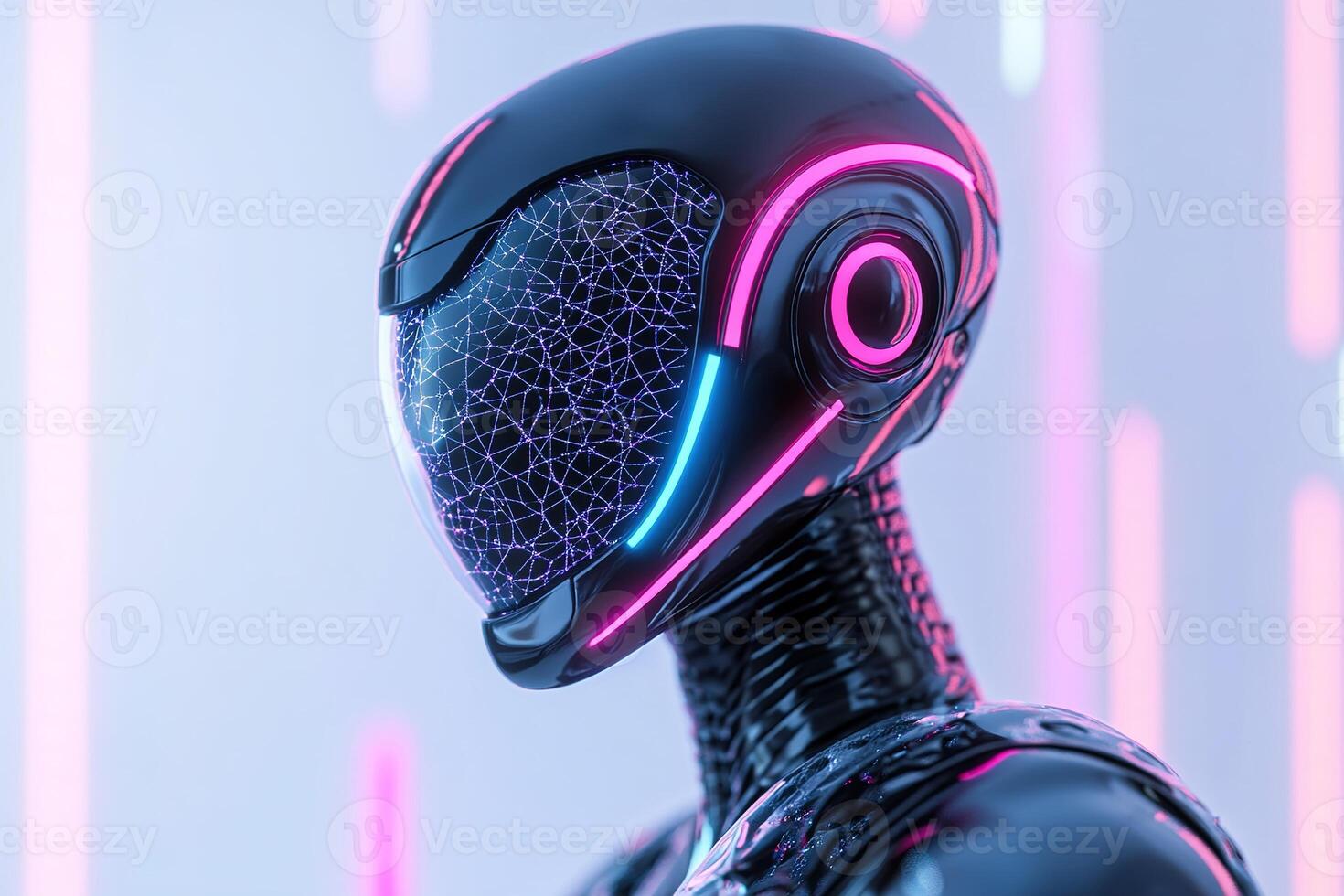 This stunning robot features a sleek design with glowing neural network patterns on its head photo