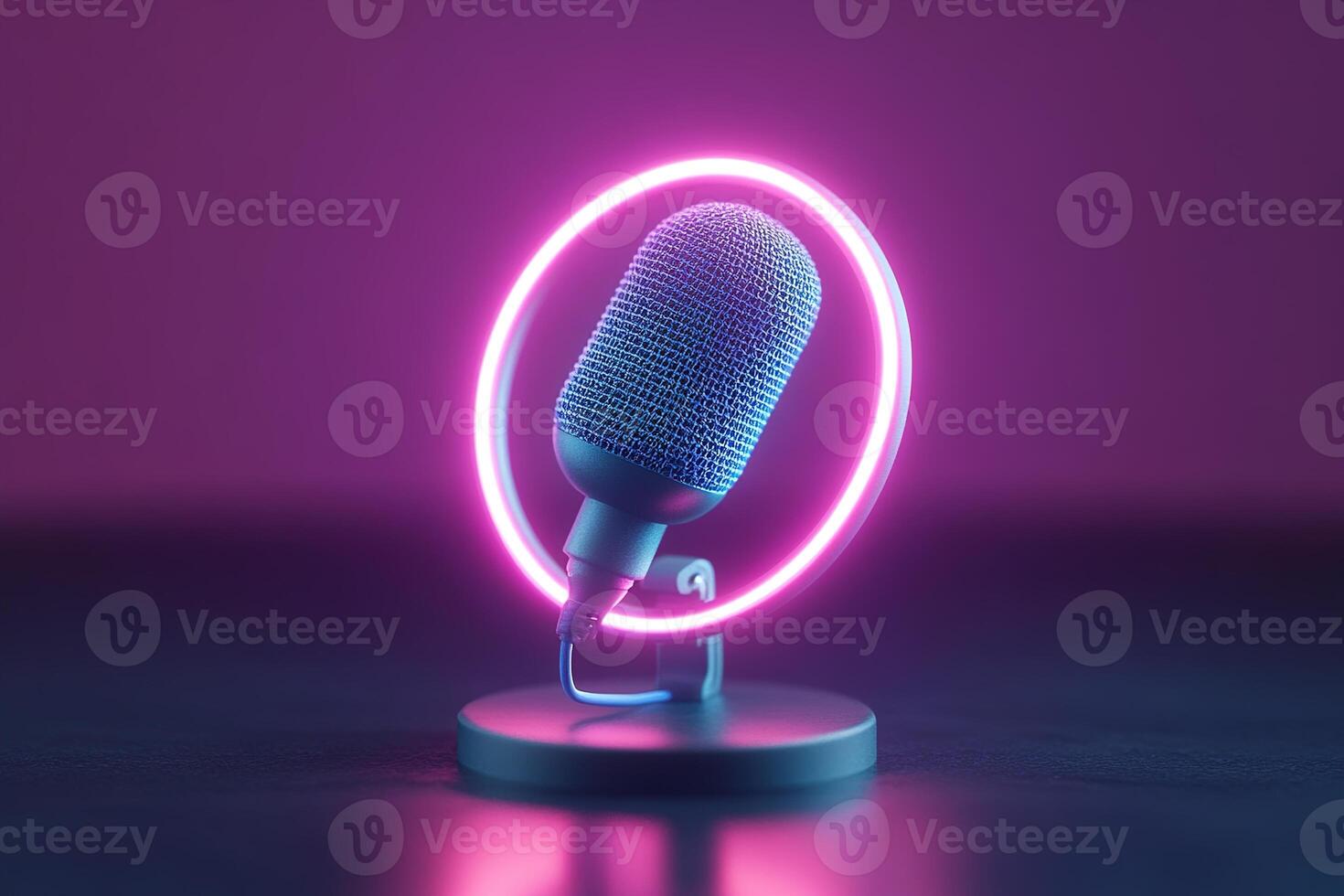 A sleek 3D microphone features vibrant blue and purple glowing rings, set against a dark gradient background. This design provides ample space for branding or text overlay in a modern context photo