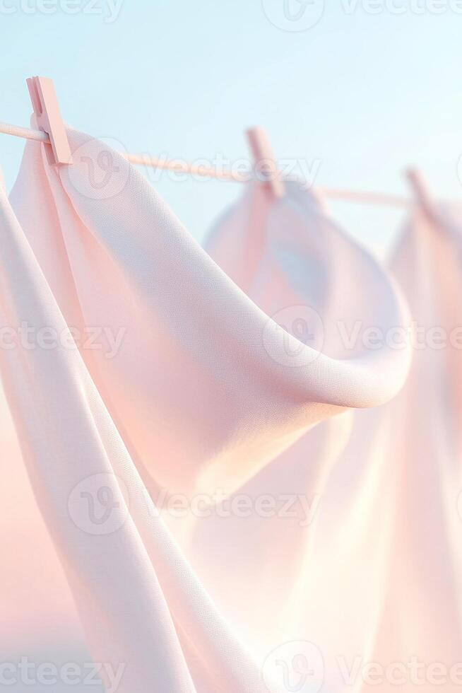 Fresh linen hangs delicately on a clothesline, gently swaying in the breeze against a calming pastel backdrop. The glowing accents create a serene atmosphere, inviting rest and comfort photo