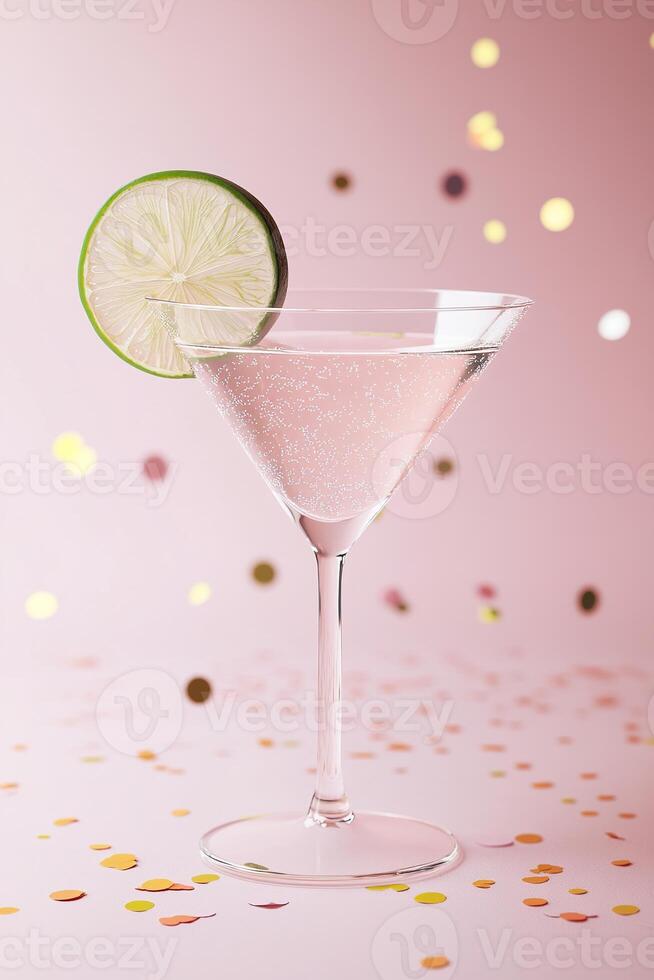 A vibrant martini glass filled with glowing liquid sits elegantly on a neutral backdrop. A lime slice floats atop, while colorful confetti dances around, creating a festive atmosphere photo