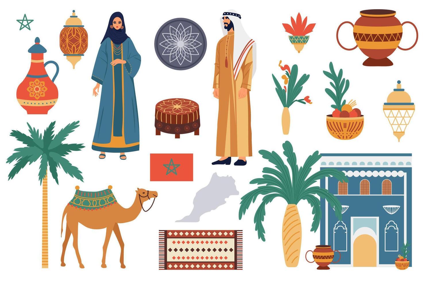 Traditional Morocco culture set in flat graphic design. Collection elements of man woman in national clothes, lanterns, tablewares, palm, camel, flag, country map, house, other. illustration. vector