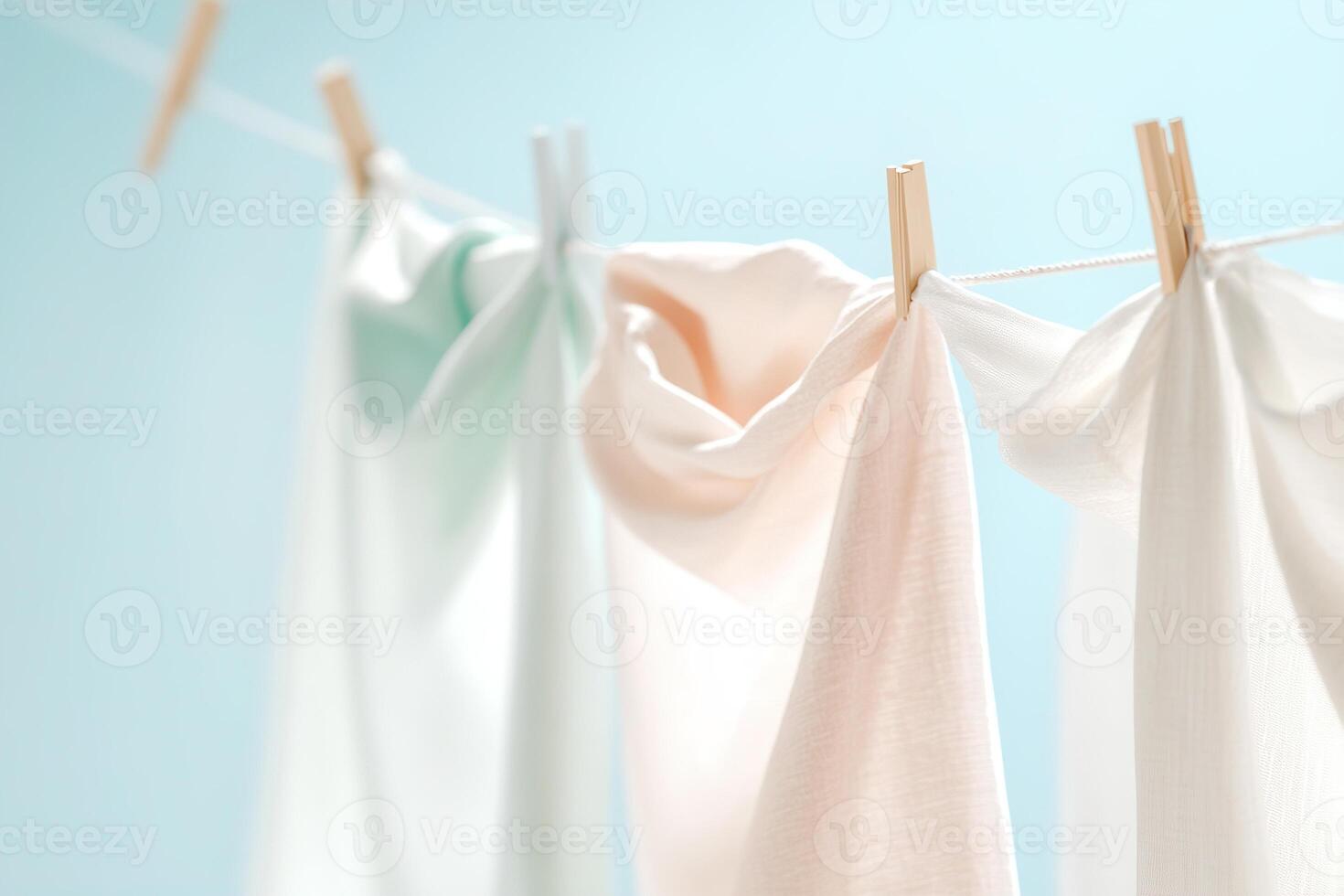 Fresh linen dries gracefully on a clothesline, gently swaying in a light breeze. The pastel background enhances the tranquil and clean atmosphere, ideal for relaxation photo