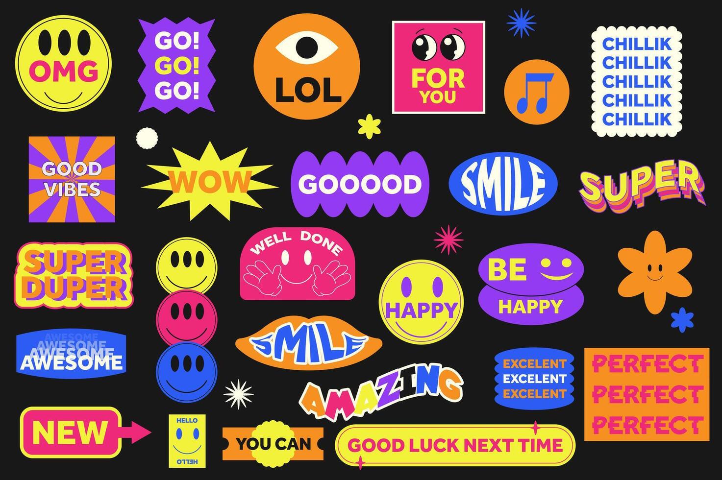Naive playful stickers set in flat graphic design. Collection elements of groovy 90s simple patches with smile, omg, lol, good, vibes, wow, super, awesome, perfect, other text. illustration. vector