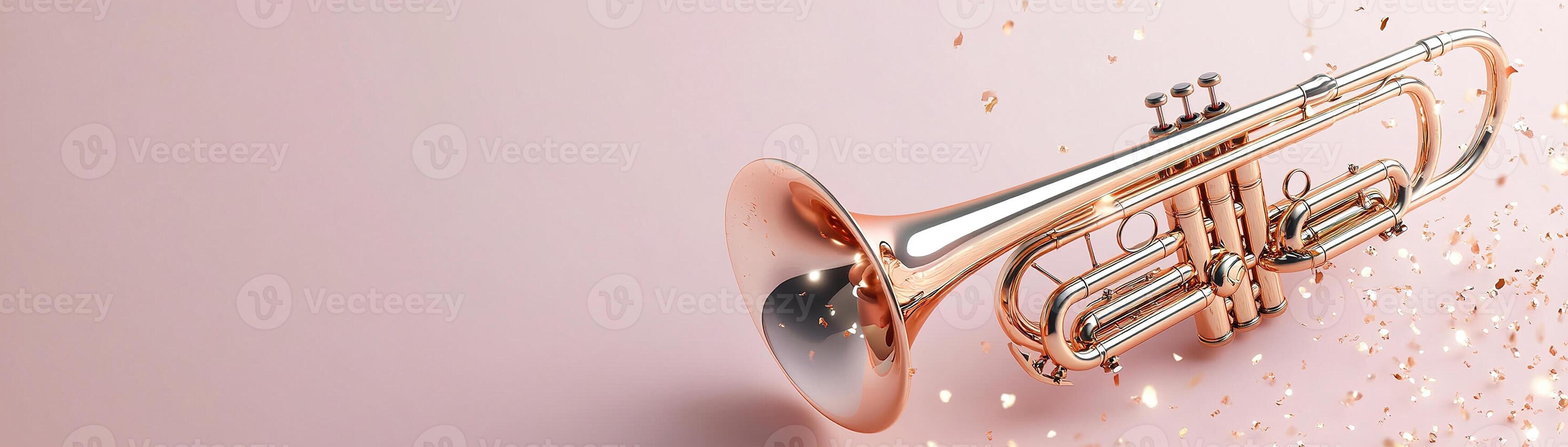 Brass instruments, a trumpet and trombone, are presented with glowing neon accents in gold and orange tones against a neutral gradient background, allowing for ample negative space for text photo
