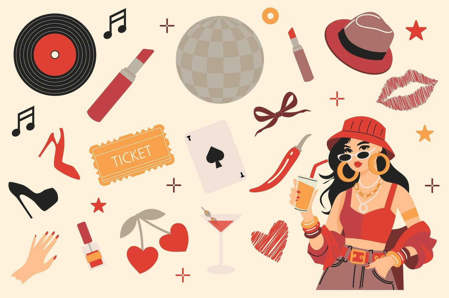 Stylish woman stickers set in flat graphic design. Collection elements of glamour model, vinyl, disk, red lipstick, disco ball, hat, lips kiss, heels shoes, hot pepper, other. illustration. vector