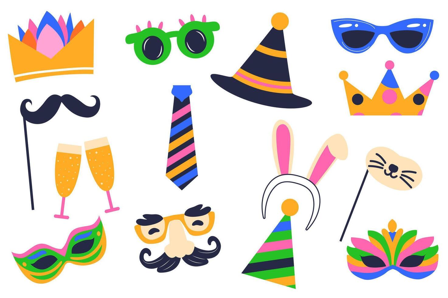 Purim carnival set in flat graphic design. Collection elements of crown, glasses, hat, mustache, champagne glass, mask nose, rabbit ears, other jewish holiday party accessory. illustration. vector