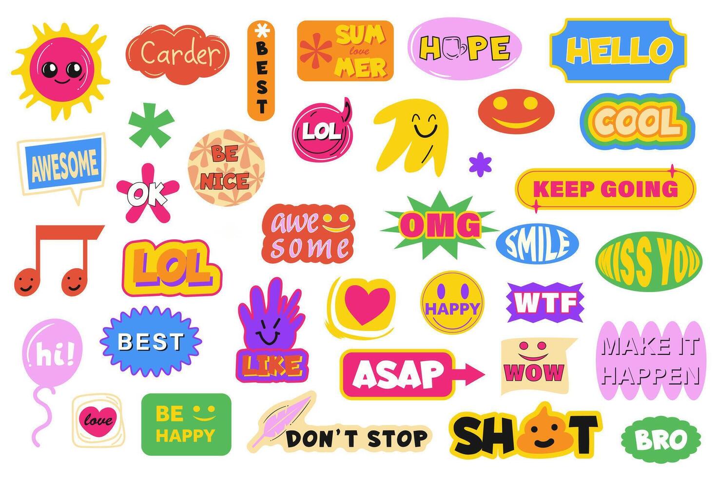 Colourful comic vintage label set in flat graphic design. Collection elements of funky 90s, 80s stickers with hello, cool, hope, smile, best, like, awesome and other messages. illustration. vector