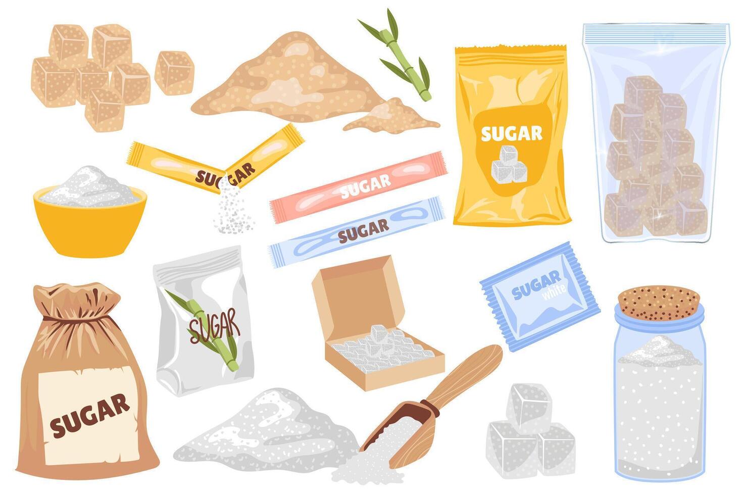 Sugar packs set in flat graphic design. Collection elements of natural brown and white sugar in powder and cubes, sweet sticks, bowl, scoop, bottle, bag, other storage packaging. illustration. vector