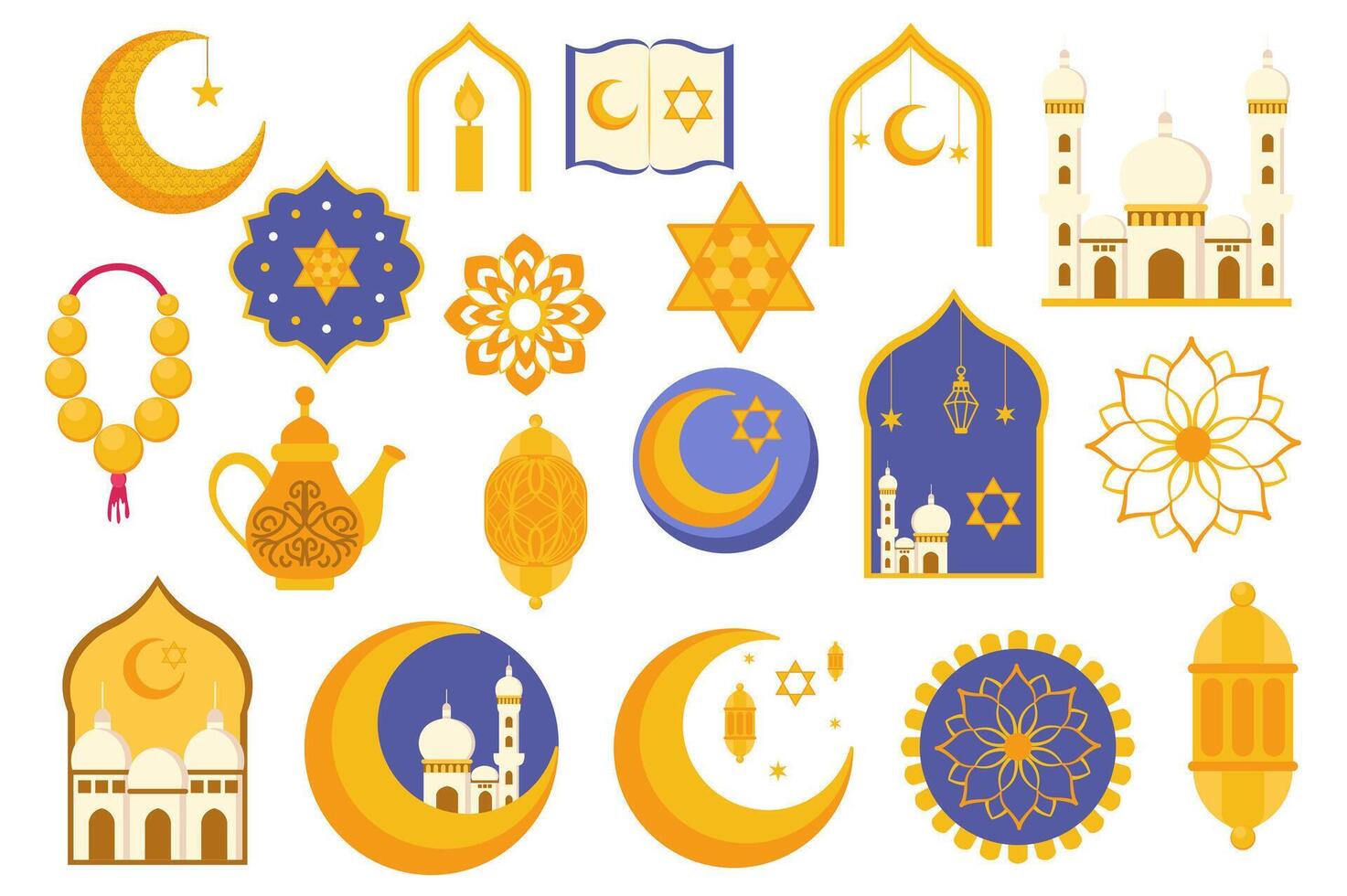 Ramadan Kareem set in flat graphic design. Collection elements of crescent moon, star, candle, koran book, mosque, flowers, teapot, windows, lanterns, other islam holiday signs. illustration. vector