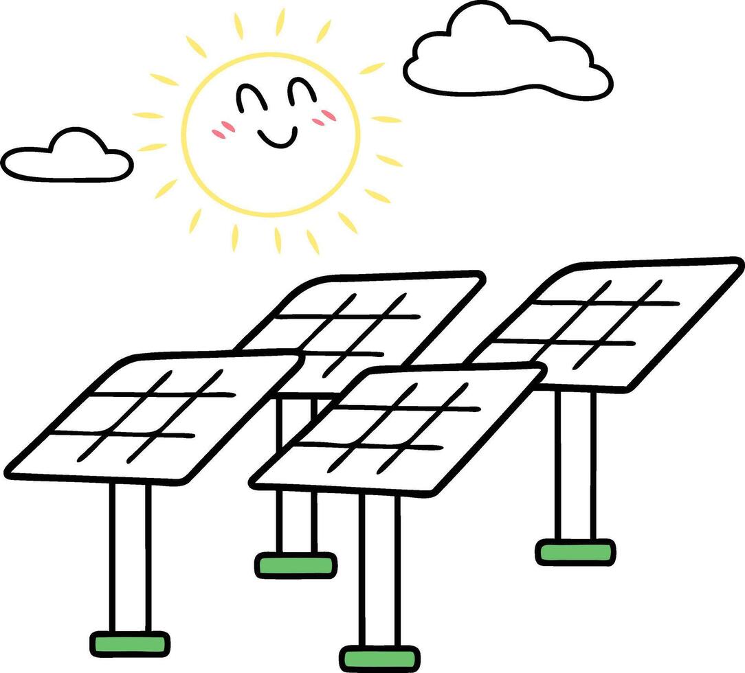 Farm Animals Solar panels under a smiling sun with clouds. vector