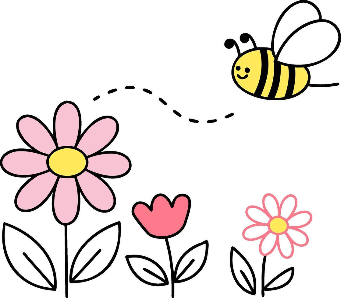 Farm Animals Cute cartoon bee flying around colorful flowers in a bright setting. vector