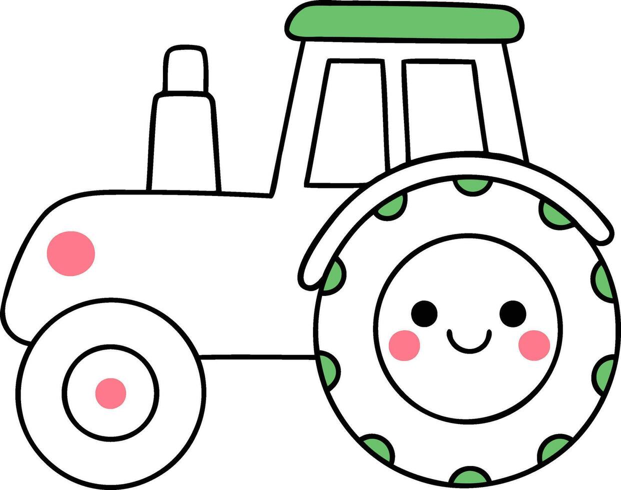 Farm Animals Cute cartoon tractor with a smiling face and colorful wheels. vector