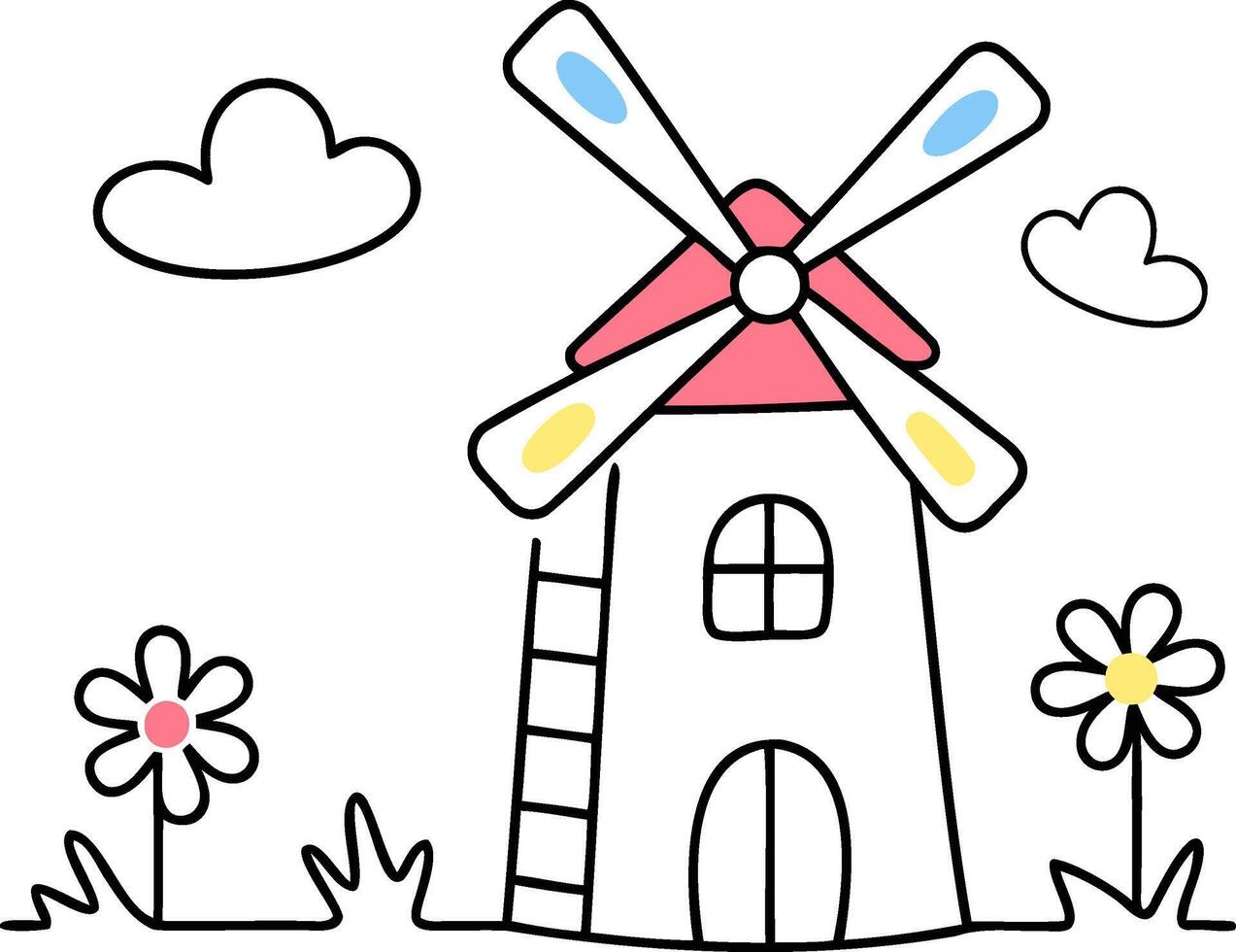 Farm Animals Whimsical illustration of a windmill surrounded by flowers and clouds. vector