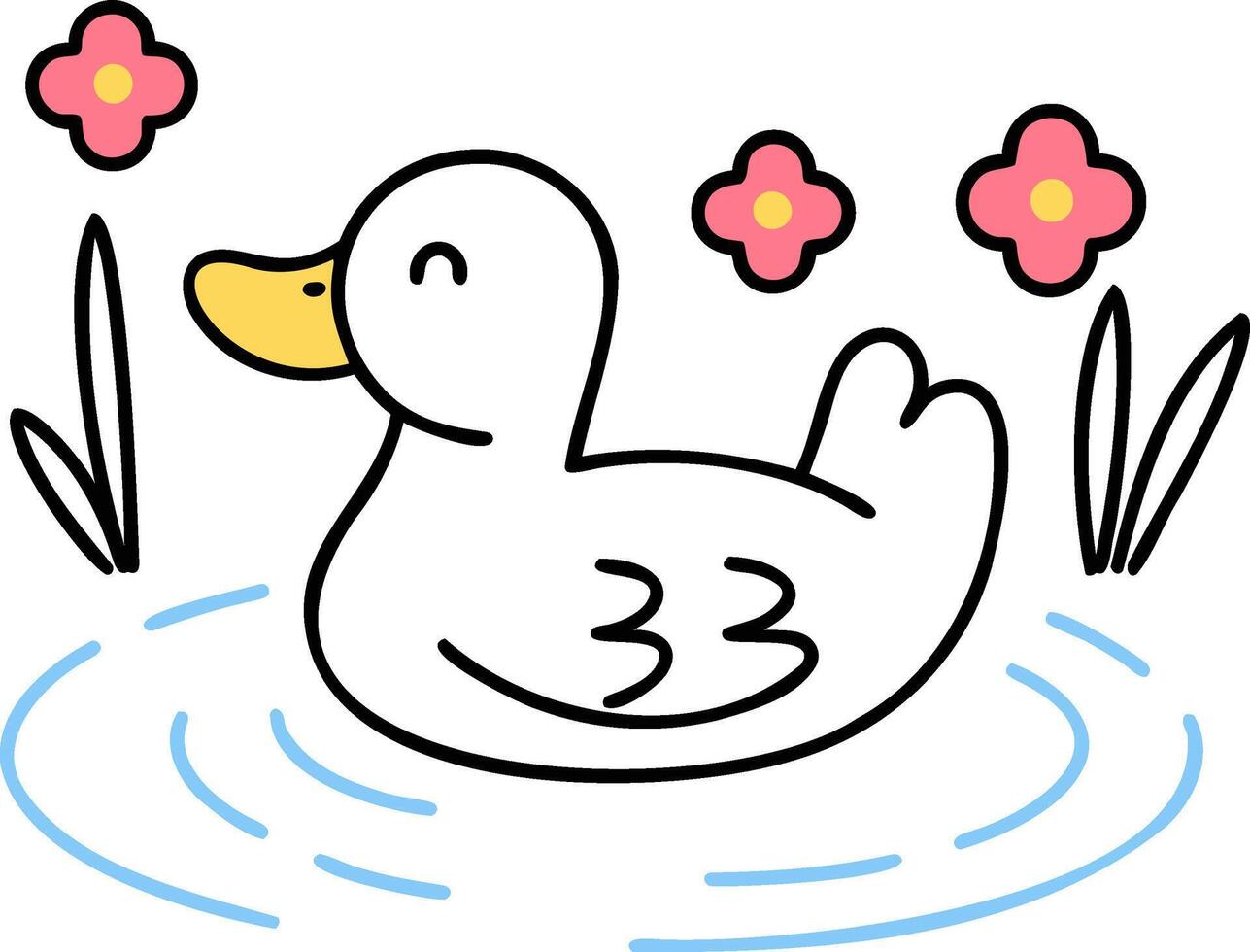 Farm Animals Cute cartoon duck swimming among flowers in a pond. vector