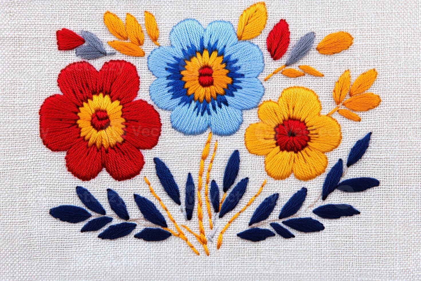 Traditional Polish embroidery pattern featuring vibrant floral motifs inspired by folk art on linen background photo