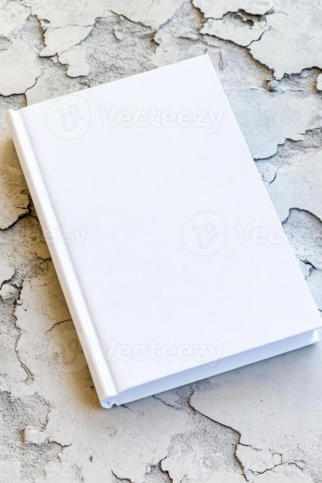 Minimalist depiction of a blank hardcover book on a textured concrete surface suitable for design mockups photo