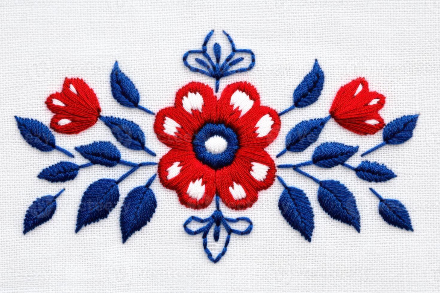 Decorative Polish embroidery pattern featuring intricate floral design inspired by Tatra mountain folk art on white linen photo