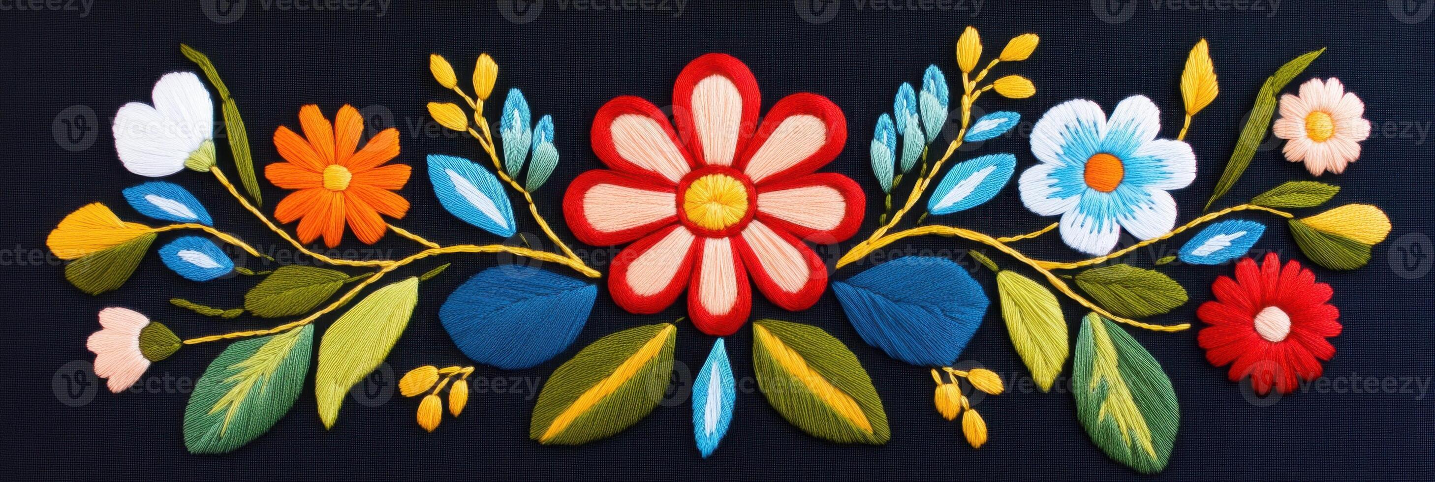 Classic Polish embroidery pattern featuring colorful flowers and geometric shapes on dark fabric emphasizing traditional folk art photo