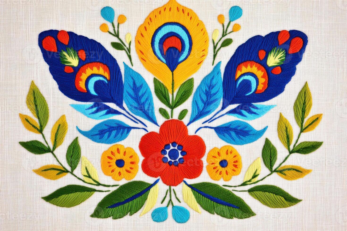 Symmetrical Polish embroidery design featuring vibrant peacock feathers and floral accents on textured linen fabric photo