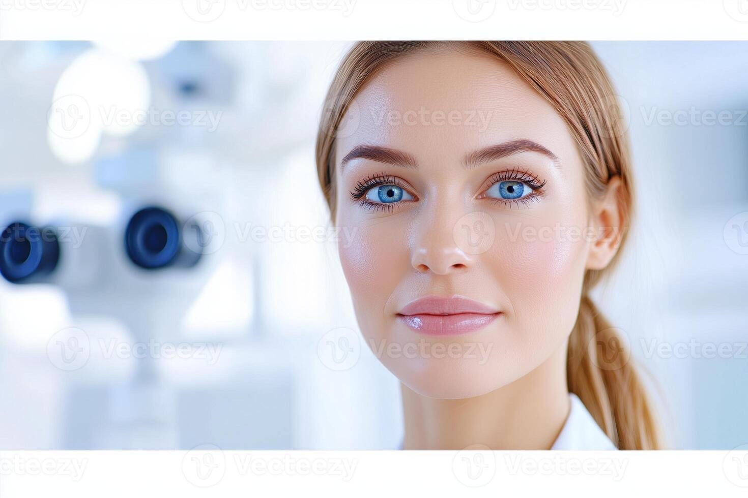 Professional female eye doctor conducting visual acuity test in a modern clinic space with minimalistic design under soft white light photo