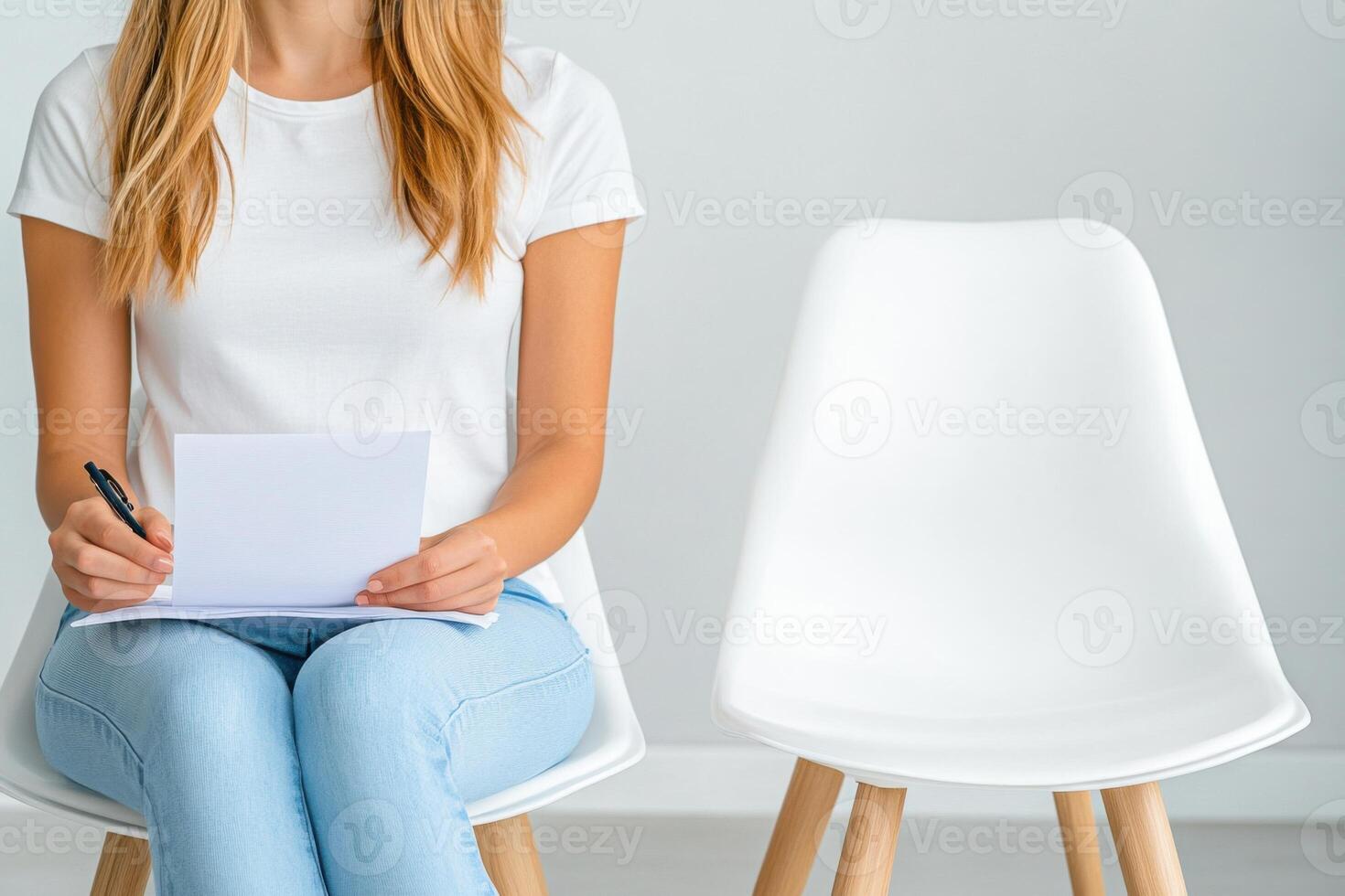 Young woman sitting in a modern waiting area completing medical paperwork in natural light with a minimalistic backdrop photo