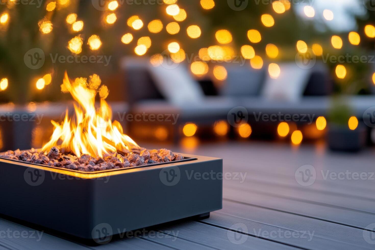 Modern square firepit on a wooden patio with contemporary furniture and glowing string lights during a calm night setting photo