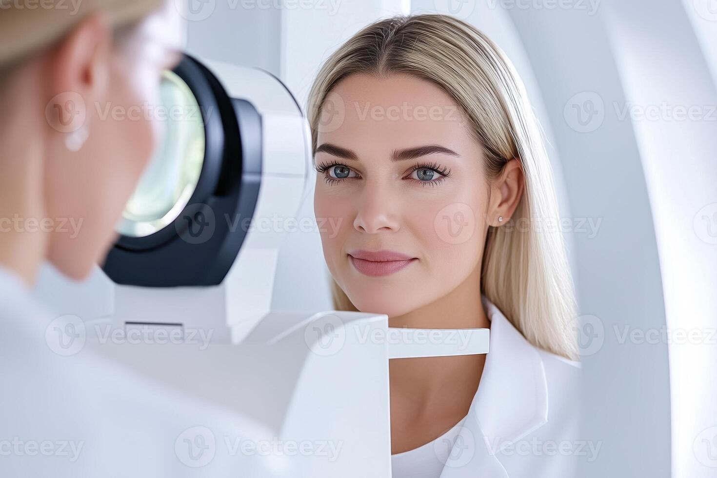 Professional female eye doctor administers visual acuity test to patient in modern minimalistic clinic with soft white lighting photo