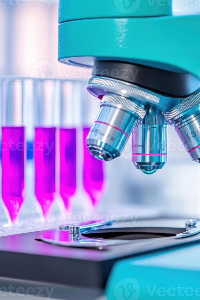 Close-up of a teal metallic microscope positioned on a black lab table with fuchsia DNA samples in the background for laboratory research photo